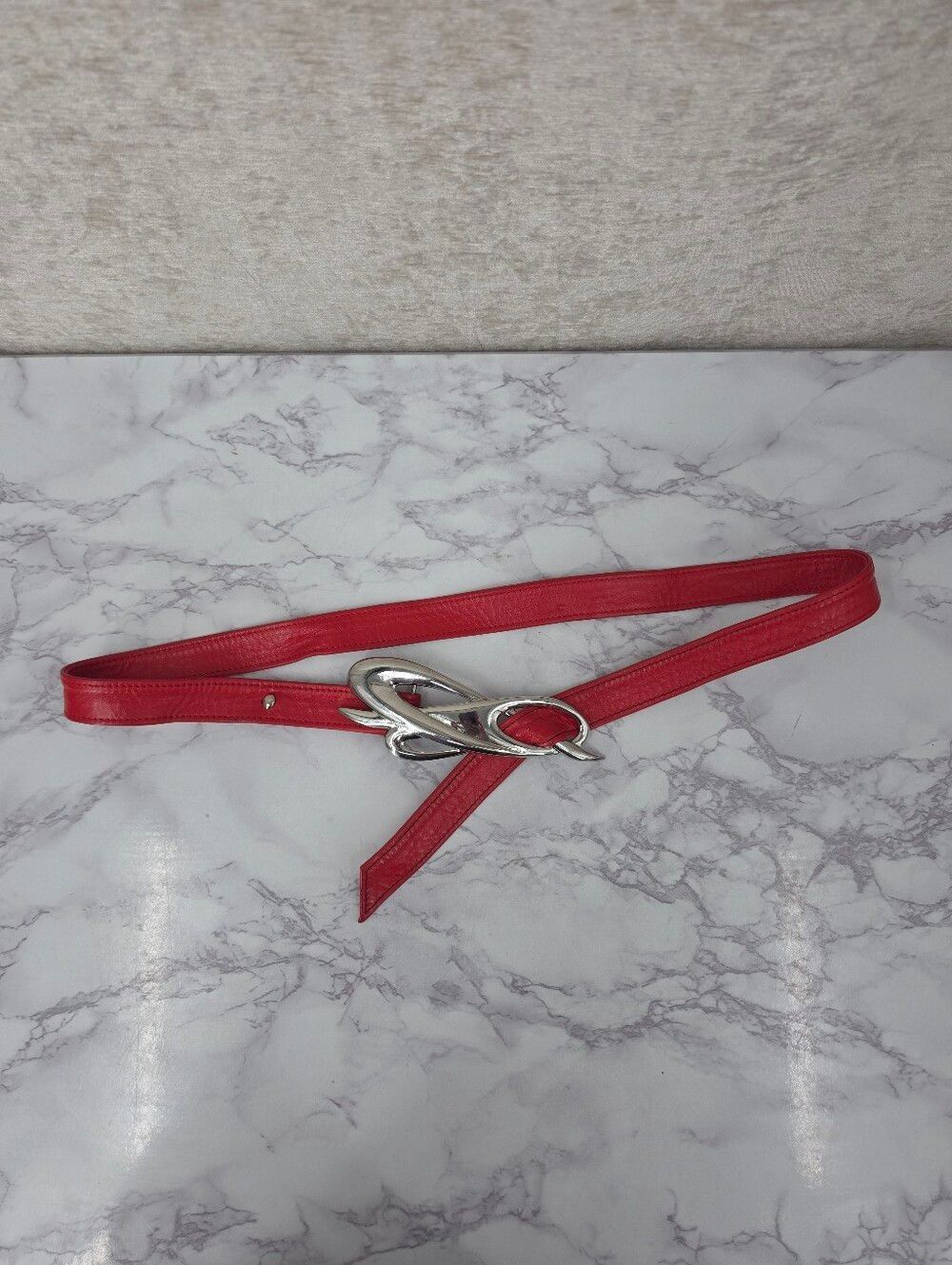 Vintage 80s Red Leather Belt with Silver Tone Etheral Knot Buckle